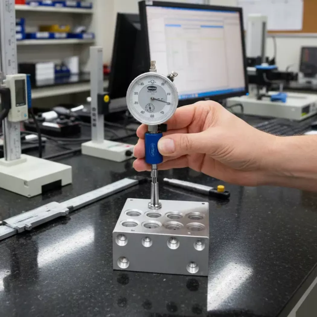 Operator mierzy otwór czujnikiem zegarowym Diatest Split-ball w&nbsp;laboratorium